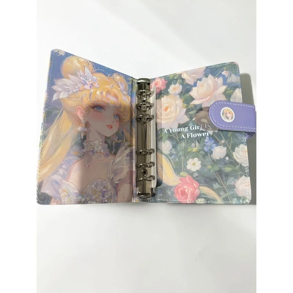 Anime A6 6-Ring Binder Journal Floral Girl Stationery Notebook with Paper